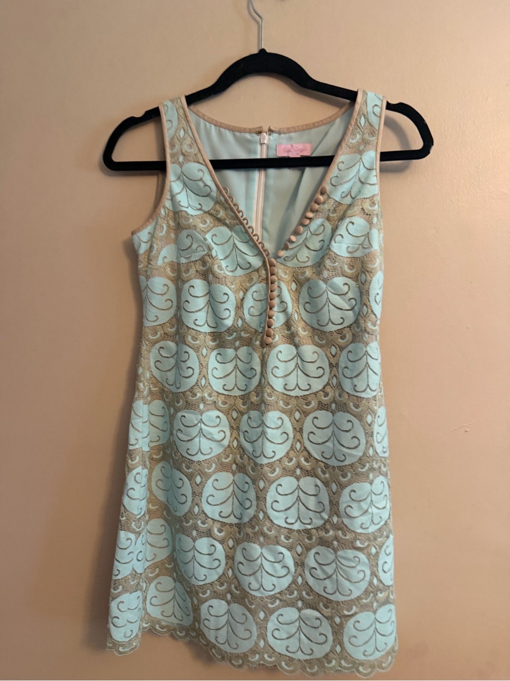 Lilly Pulitzer Aqua and Tan Sleeveless Embroidered Shift Dress